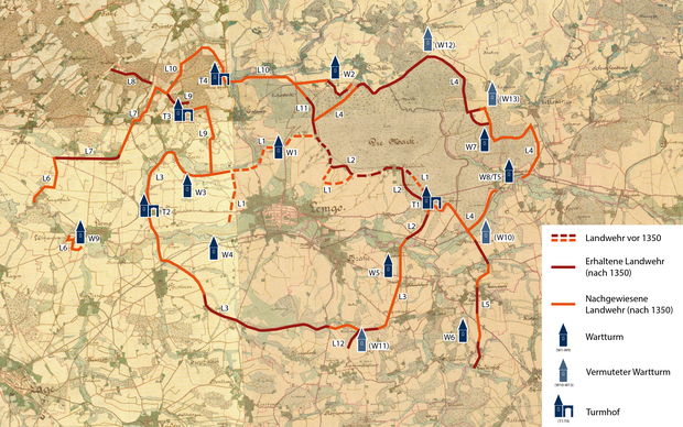 Übersichtskarte der Lemgoer Landwehren (Grundlage: GeoBasis NRW 2020; Bearb.: Altertumskommission/Jüngerich).