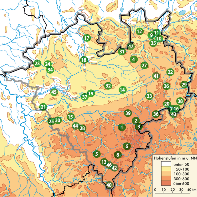 Westfalenkarte mit Standorten der in der grünen Reihe veröffentlichten Burgen (Altertumskommission/Jüngerich).