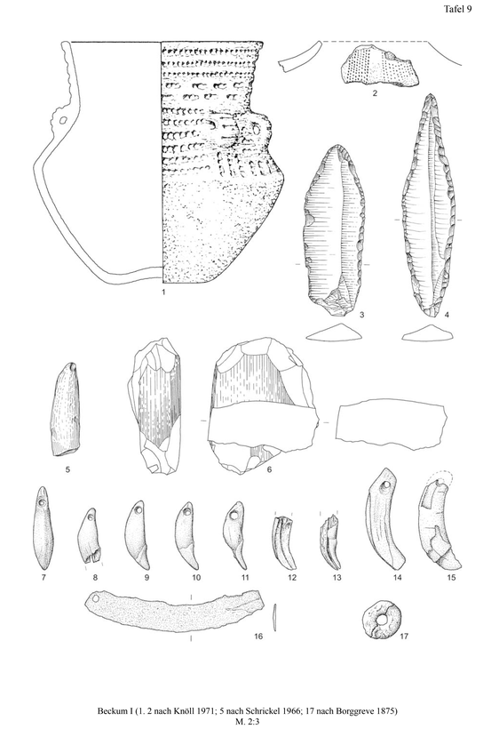 Funde aus Beckum-Dalmer I (1. 2 nach Knöll 171; 5 nach Schrickel 1966; 17 nach Borggreve 1875) - M. 2:3 (Schierhold 2012, Taf. 9).