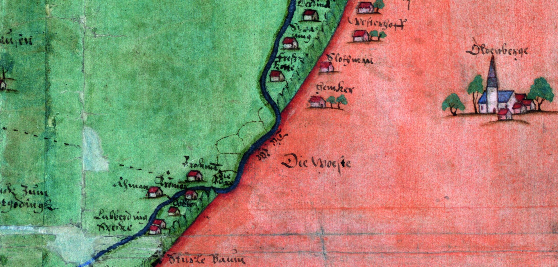 Die Altenberger Landwehr auf einer Karte der Reichsgrafschaft Steinfurt von 1597 (Landesarchiv NRW - Abt. Westfalen, Karte A 1265).