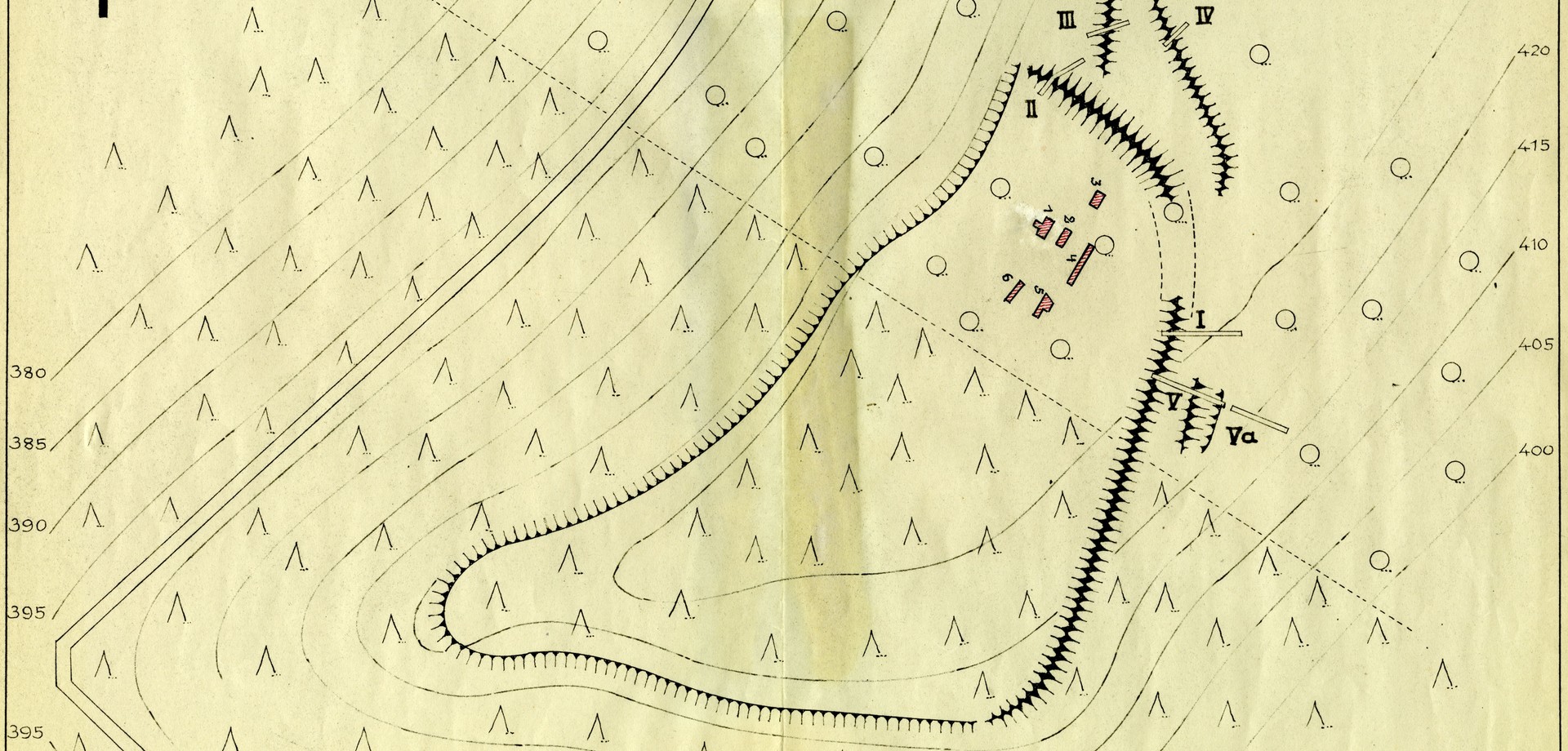 Plan der Befestigung auf den Schafsköppen von 1938 mit nachträglichen Ergänzungen (Planarchiv der Altertumskommission für Westfalen).
