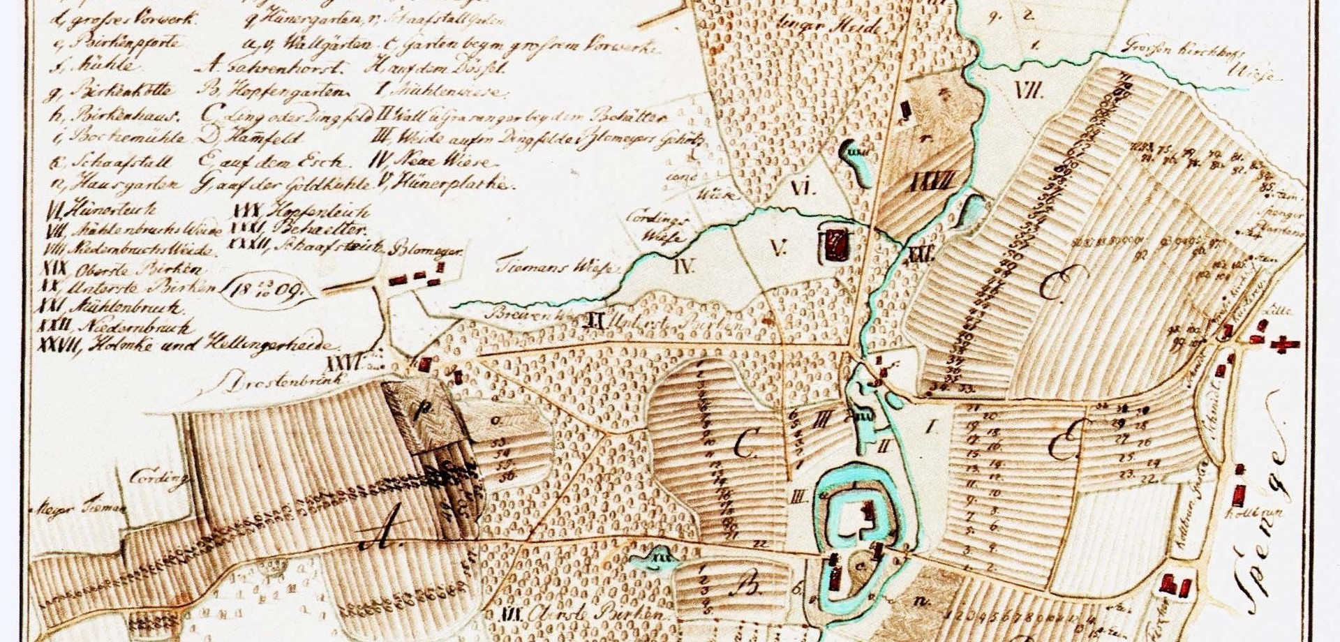 Lageplan der Werburg mit dazugehörigen Länderrein von 1804 (LA NRW, Abt. Westfalen, Kartensammlung).