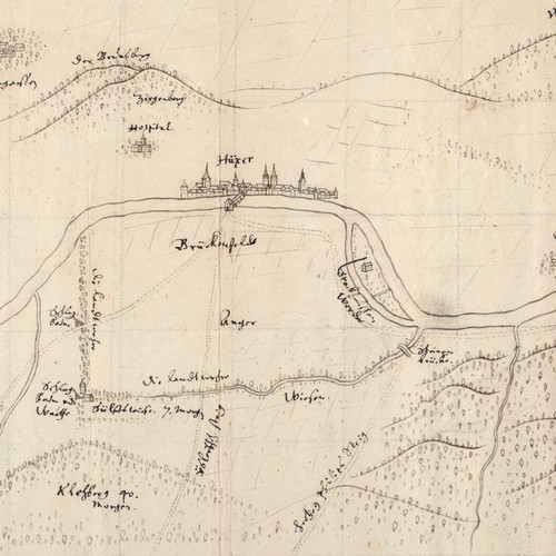 Kartenausschnitt zum Grenzstreit zwischen Braunschweig und Corvey, um 1650 (Niedersächsisches Landesarchiv Wolfenbüttel).