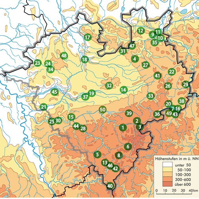 Westfalenkarte mit Standorten der in der grünen Reihe veröffentlichten Burgen (Altertumskommission/Jüngerich).