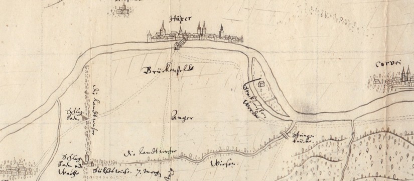 Kartenausschnitt zum Grenzstreit zwischen Braunschweig und Corvey, um 1650 (Niedersächsisches Landesarchiv Wolfenbüttel).