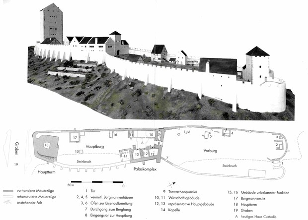 Grundrissplan und Modell der Ruine Idenburg (S. Leenen).