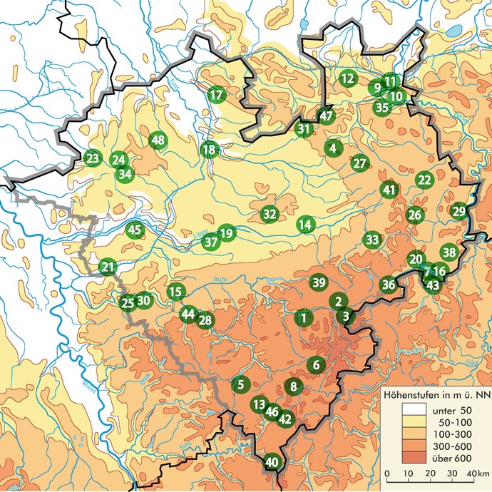 Westfalenkarte mit Standorten der in der grünen Reihe veröffentlichten Burgen (Altertumskommission/Jüngerich).