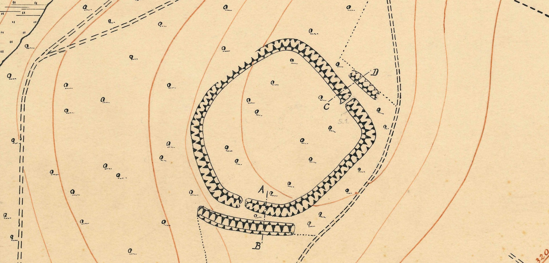 Plan des Burggrabens von Theodor Hundt aus dem Jahre 1881 (Planarchiv der Altertumskommission für Westfalen).