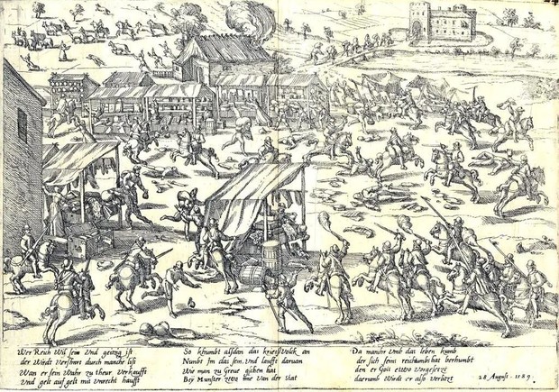 Darstellung eines Überfalls auf den Grevener (Jahr-)Markt auf einem Flugblatt von 1589.