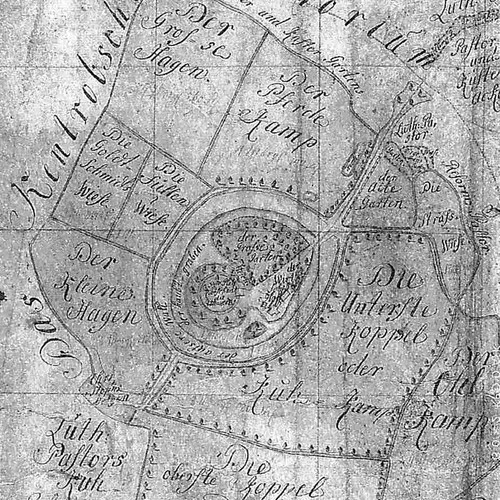 Lageplan der Burg Mark von 1751 (Staatsarchiv Münster, Kartensammlung, Reg.-Bez. Arnsberg, 1377, Blatt 30).