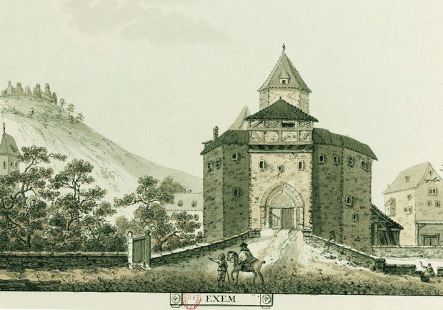 Zeichnung der Burg von Eguisheim im Elsass von Philippe Grandidier, 18. Jahrhundert (nach Bulla/Peine 2012, Abb.8).