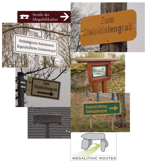 Verschiedene Schilder zu unterschieldichen Megalithgräbern in Westfalen