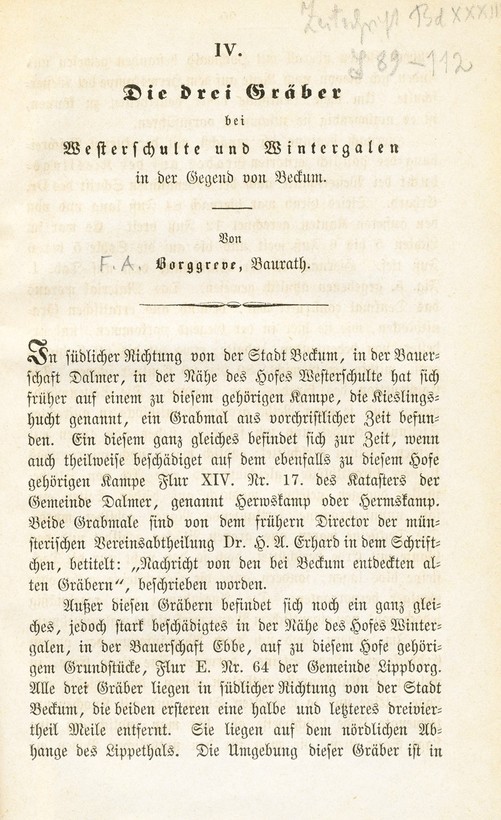 Erste Seite des Berichts von Borggreve 1875 in der Westfälischen Zeitschrift, Bd. 33, 89-112.