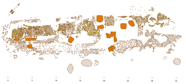Grabungsplan Grab I von 1928, Umzeichnung des Feldplans von Erich Spießbach (Grafik: nach Knöll 1983, 4 Abb.2; LWL-Archäologie/Altevers). Grabungsplan Grab I von 1928, Umzeichnung des Feldplans von Erich Spießbach (Grafik: nach Knöll 1983, 4 Abb.2; LWL-Archäologie/Altevers).