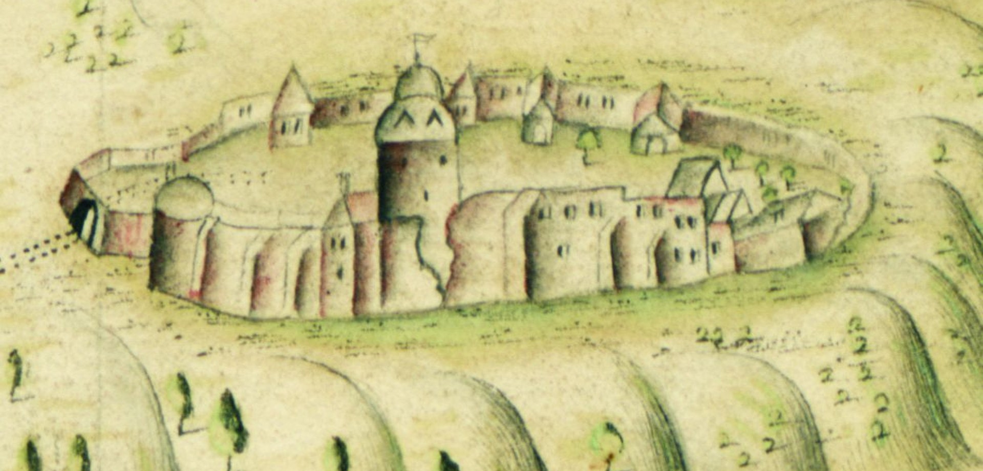 Ausschnitt aus einer Karte von 1741 mit Ansicht der Burg von Süden (Landesarchiv NRW, Münster, Karten A Nr. 19668).