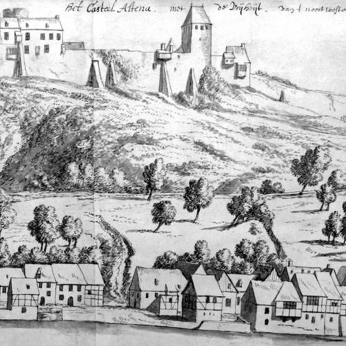 Federzeichung von Burg und Freiheit Altena von 1696, Abraham Begeyn (Mussen Burg Altena).