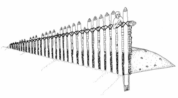 Rekonstruktion der Holz-Erde-Mauer (Zeichnung: U. Samson, Bielefeld). Rekonstruktion der Holz-Erde-Mauer (Zeichnung: U. Samson, Bielefeld).