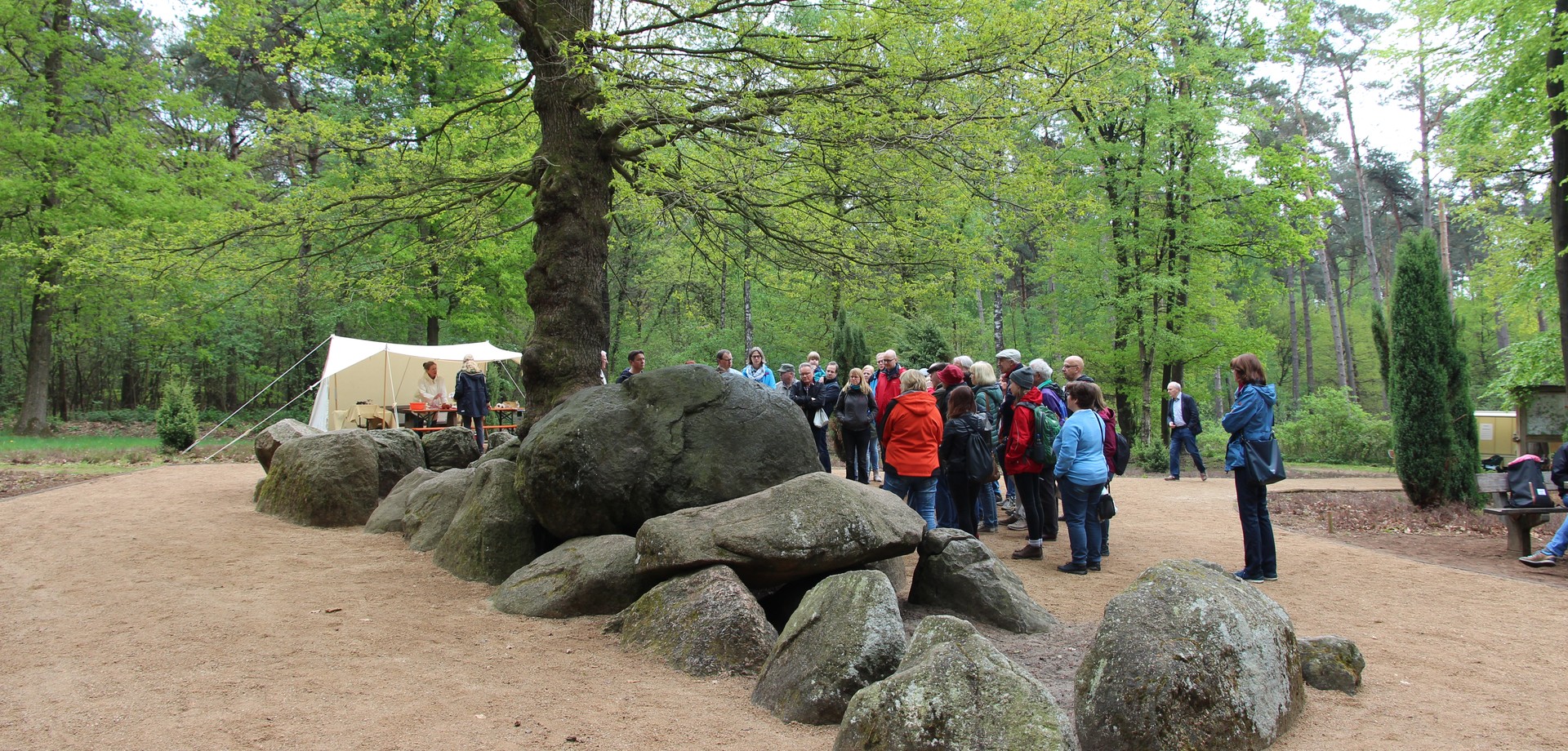 Besucher an den Düwelsteene am Tag der Megalithik 2018 (Foto: Altertumskommission/Klinke).