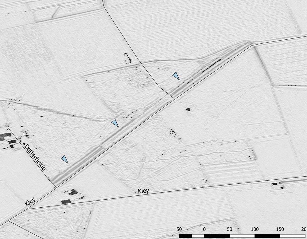 Landwehr an der Feldstraße Kley im DGM (Grundlage: GeoBasis NRW 2019; Bearb.: Altertumskommission/Jüngerich).