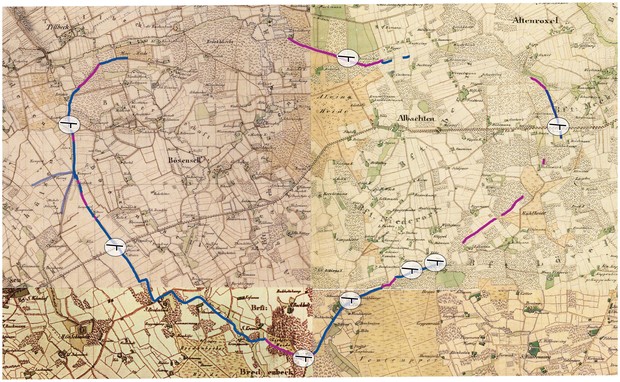 Verlauf der Landwehr von Bösensell und Albachten auf der Preußischen Uraufnahme (Grundlage: GeoBasis NRW 2019; Berab.: Altertumskommission/Priß).