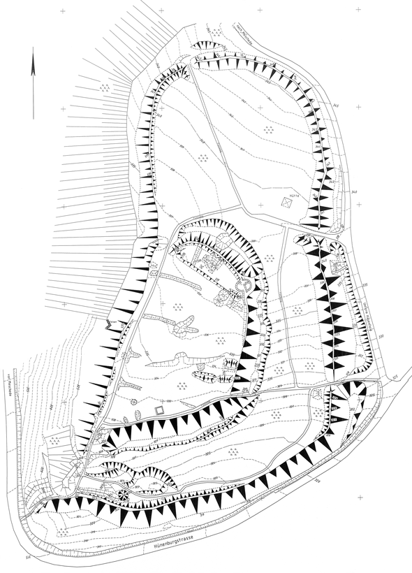 Grundrissplan der Hünenburg bei Meschede heute (Plan: Westfälisches Amt für Vermessung). Grundrissplan der Hünenburg bei Meschede heute (Plan: Westfälisches Amt für Vermessung).