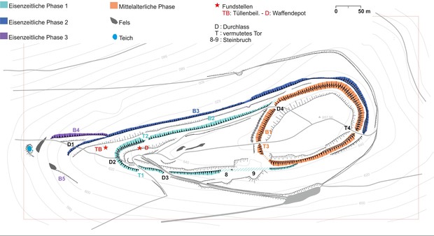 Gesamtplan der Anlage (Grafik: LWL-Archäologie für Westfalen/M. Zeiler u. Altertumskommission/B. Reepen; Grundlage DGM1 NRW u. P. R. Hömberg 1986).