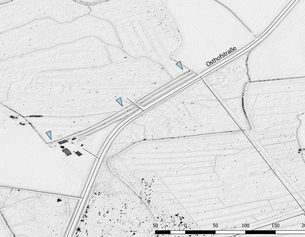 Die Landwehr an der Osthoffstraße im DGM (Grundlage: GeoBasis NRW 2019; Bearb.: Altertumskommission/Jüngerich).