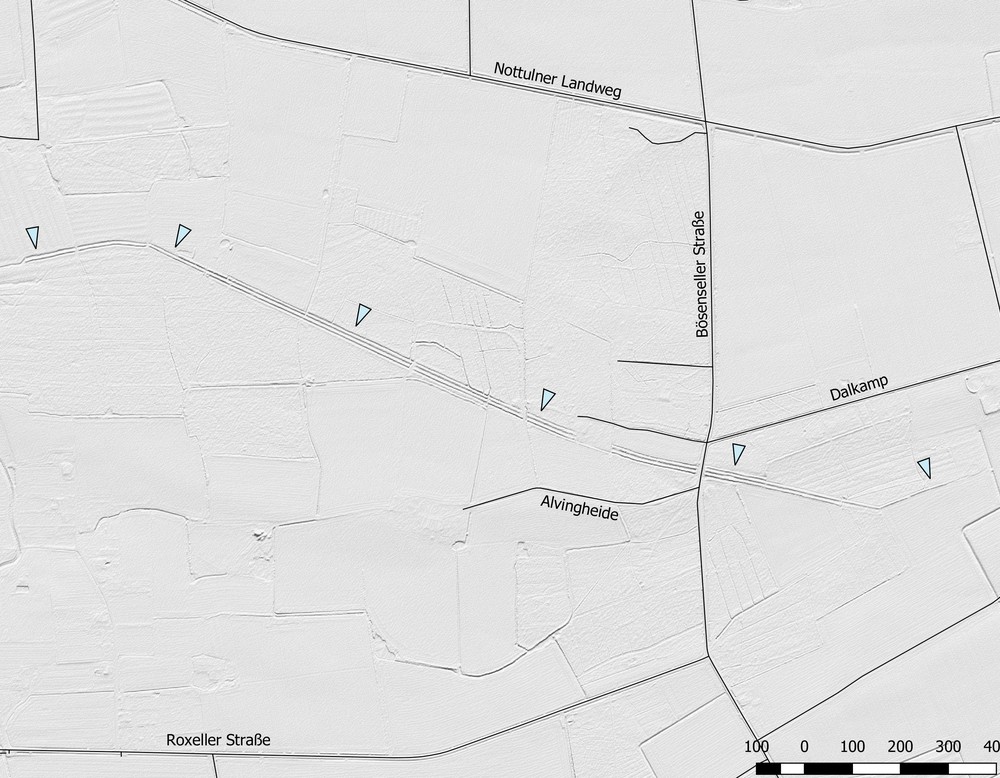 Die Landwehr um Hof "Brock 171" im DGM (Grundlage: GeoBasis NRW 2019; Berab.: Altertumskommission/Jüngerich).