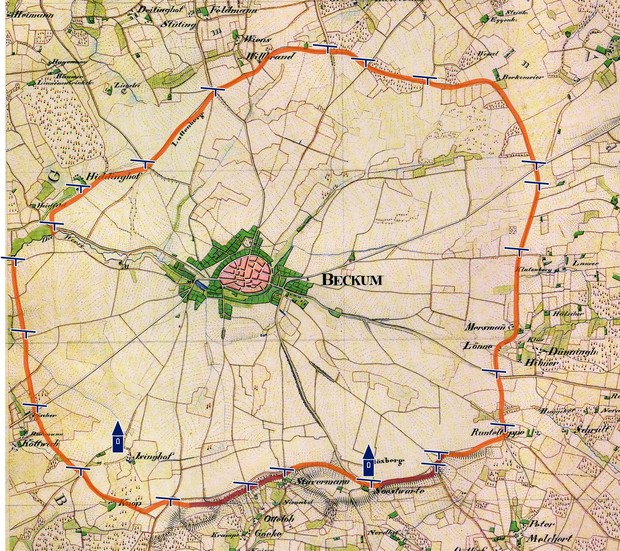 Die finale Ausbaustufe der Beckumer Landwehr um 1400 mit Schlagbäumen und Warttürmen (Grundlage: GeoBasis NRW 2020; Bearb.: Altertumskommission/Priß).